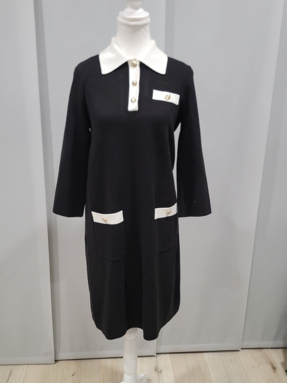 Joseph Ribkoff Black Knit Midi Dress with White Trim